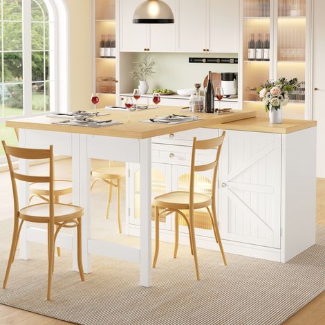 Isla de cocina extensible 120-194 cm con puertas de cristal, cajones y almacenaje, blanco (1/5)