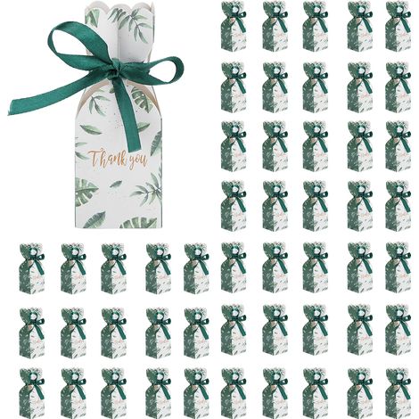 50 boîtes à dragées pour mariage, emballage cadeau pour invités, boîtes cadeaux d'anniversaire avec ruban et feuilles vertes
