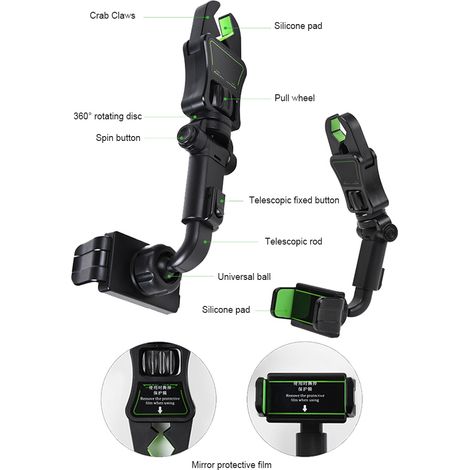 Support téléphone pour voiture rétroviseur universel, support smartphone réglable télescopique, fixe portable robuste pour véhicule. (1/5)