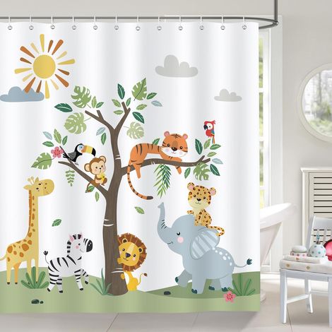 CCYKXA  Children's shower curtain, giraffe, elephant, lion, safari, bathroom decoration, 180 x 180 cm, waterproof polyester bath curtain with 12 hooks (1/5)