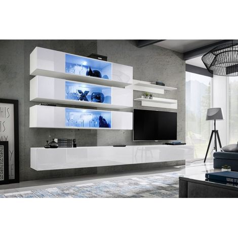 Ensemble mural - FLY J - 3 rangements LED - 2 meubles TV - 2 étagères - Blanc - Modèle 2 - Livraison gratuite