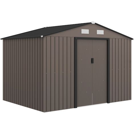 9 x 6ft Metal Garden Shed, Outdoor Storage Tool House with Ventilation Slots, Foundation Kit and Lockable Double Doors, Brown