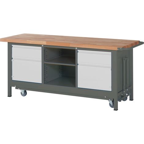 Etabli STIER Premium avec châssis roulant abaissable, 2 tiroirs et 2 portes battantes, lxPxH 2 000x700x880 mm (1/5)