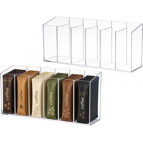 Boîte de rangement à café en PET transparente avec 6 compartiments  Convient pour stocker des sachets de café, des feuilles de thé, du sucre et des boissons instantanées. Idéal pour le comptoir de cui (1/5)