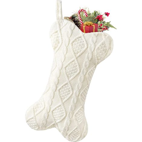 Chaussette de Noël blanche pour chien, chaussette de Noël tricotée blanche pour chiens, chaussette de Noël en forme d'os pour grands animaux de compagnie (1/4)