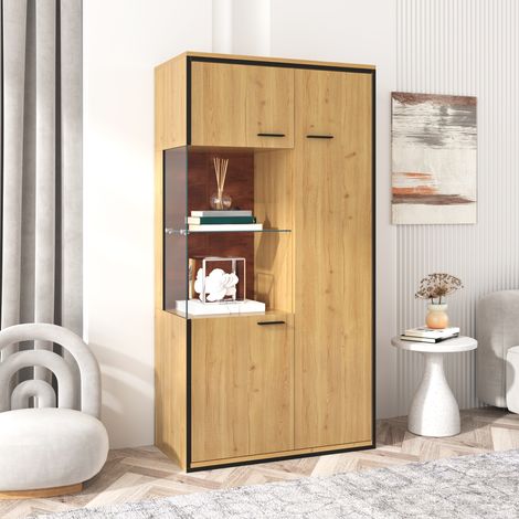 Vitrine avec portes vitrées, avec éclairage LED à changement de couleur, plusieurs compartiments de rangement, vitrine indépendante, design moderne, 77x40x150cm, Naturel (1/5)