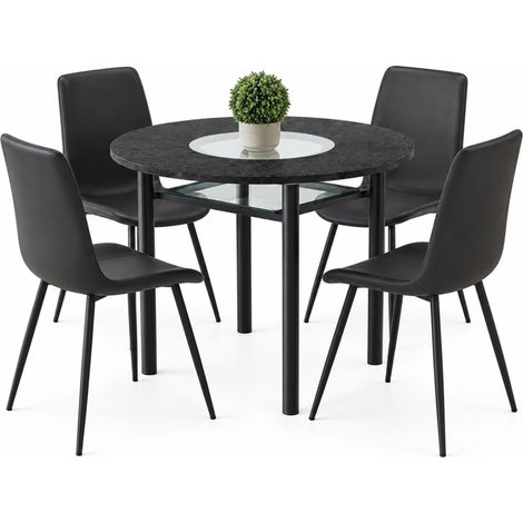 Conjunto de mesa redonda minimalista con 4 sillas negras de PU, mesa de 100 cm efecto madera negra (1/5)