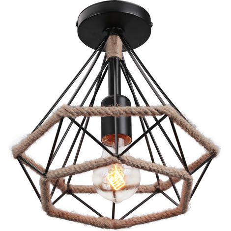 Wottes – Plafonnier industriel rétro en métal et corde de chanvre – Cage diamant Ø25cm – Douille E27 – Luminaire noir pour intérieur