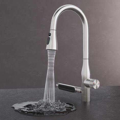 Mai & Mai Rubinetto per Cucina, 5 Modalità con Doccetta Estraibile, Rubinetto Lavello Cucina in Acciaio Inossidabile 304 con Cartuccia Ceramica, Tubi e Accesorri, Design Moderno Argento Turnix-03 (1/5)