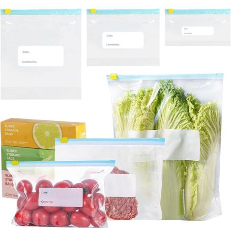Packung mit 50 wiederverwendbaren Gefrierbeuteln mit Reißverschluss für Obst, Gemüse, Fleisch, Getreide, Snacks, Größen S/M/L (1/5)