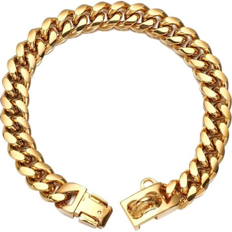 Dog Collar, Stainless Steel, 14mm x 16in, Fits Dogs with Necks 14-14.5in, Gold