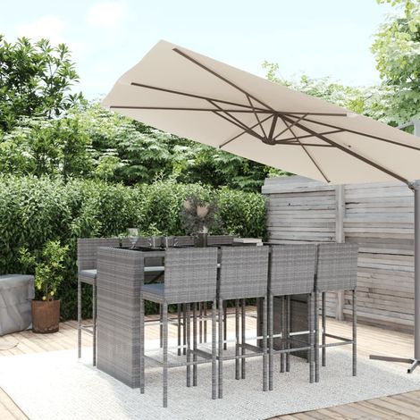 9 Piece Garden Bar Set with Cushions Grey Poly Rattan vidaXL (1/5)