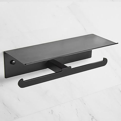 Porte Papier Toilette, Double Support Papier Toilette avec Étagère Rangement Spacieuse, Aluminium Dérouleur Porte Rouleau Papier Toilette Autoadhésive et Mural pour Salle de Bain 34cm, Noir