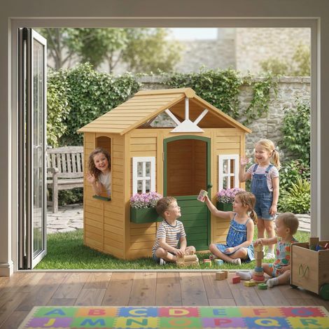 Spielhaus aus Holz für Kinder, mit Tür, Fenstern und 2 Blumenkästen, 134,5 x 97 x 150 cm, braun