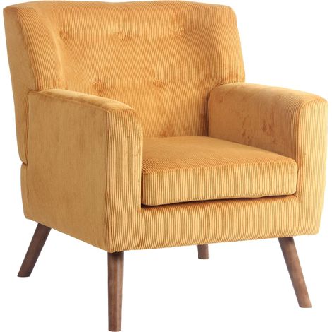 Elegante poltrona in velluto a coste arancione con schienale capitonné e gambe in legno 100008242