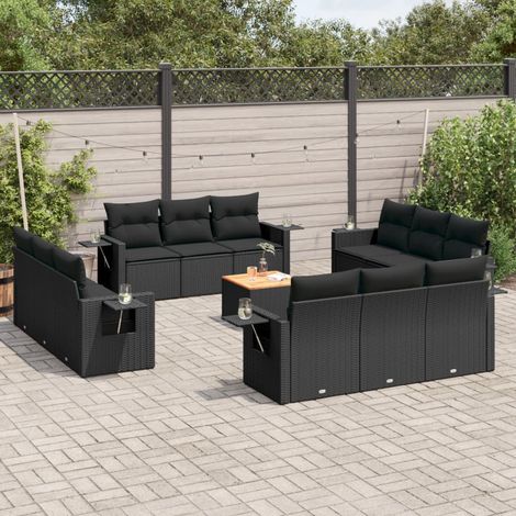Ensemble de Salon Jardin 13 Pièces en Résine Tressée Noir avec Coussins, Canapés Modulaires, Table Acacia Amovible, Résistant Intempéries, Charge 110kg (1/5)