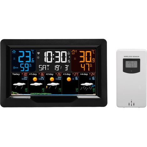 Horloge météo intelligente sans fil WiFi avec affichage numérique de la température, de l'humidité, de la pression barométrique, du vent et du gel, alarmes, heure, date et météo. Prise US 100-240 V. (1/5)