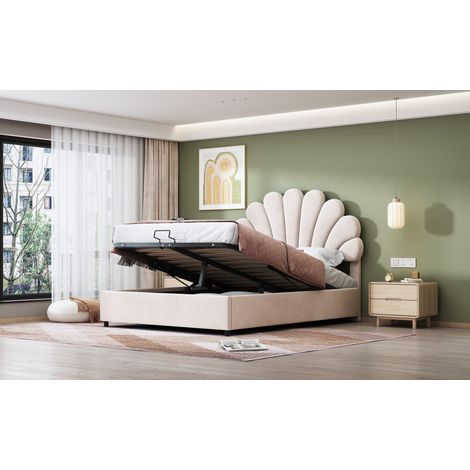 Lit double 140x200 cm, tête de lit fleurie réglable en hauteur, sommier à lattes inclus, coffre hydraulique de rangement, tissu velours doux et hypoallergénique, beige. (1/5)