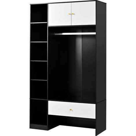CAIziGarde-robe compacte pour entrée en noir+blanc, ensemble vestiaire avec 2 portes, 6 compartiments, tringle à vêtements et tiroir, dimensions: 105x185x40 cm (1/5)