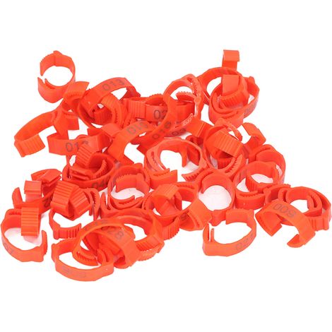 50 anillos retráctiles numerados de plástico naranja para patas de pollos, patos, gansos y aves de corral. (1/5)