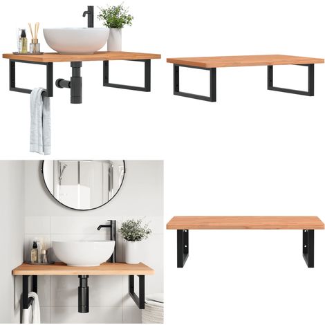 Waschbeckenregal Wandmontage Stahl und Massivholz Buche - Wandmontage - Holz Waschbecken (1/5)