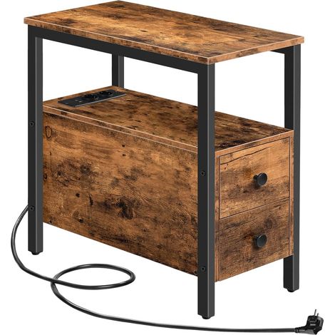 Table d'Appoint avec Station de Charge, Table de Chevet avec 2 Tiroirs, Ports USB et Prises de Courant, Bout de Canapé pour Petits Espaces, Salon, Chambre, Marron Rustique EBF542BZ01 (1/5)