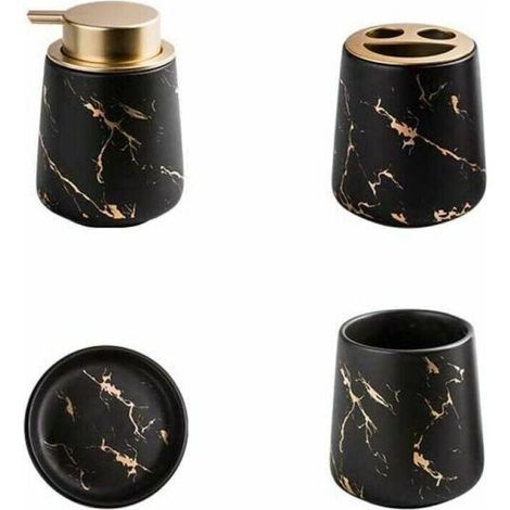 Set mit 4 Badezimmeraccessoires aus marmorierter Keramik – Seifenspender, Zahnbürstenhalter, Becher, Seifenschale – Mattschwarz, 12,5 x 8,5 cm (1/4)