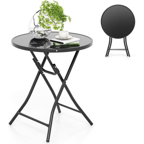 COSTWAY Tavolo Rotondo da 59 cm, Tavolino Pieghevole per Giardino con Piano in Vetro Temperato, Struttura Metallica Robusta, per Esterni per Terrazzo, Balcone, Giardino, Piscina (1/5)