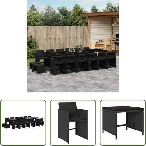 vidaXL Gartentisch - 17-tlg. Garten-Essgruppe mit Kissen Schwarz Poly Rattan (1/5)