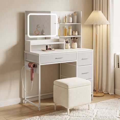 Coiffeuse avec miroir LED tricolore, station de charge, 4 tiroirs, 5 étagères, support pour sèche-cheveux, blanche (1/5)