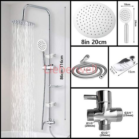8 Inch WJNMONE Round Rain Shower Column Set, 304 Stainless Steel Shower Head, Bathroom Water Connector, Adjustable Height, Chrome Finish (1/5)