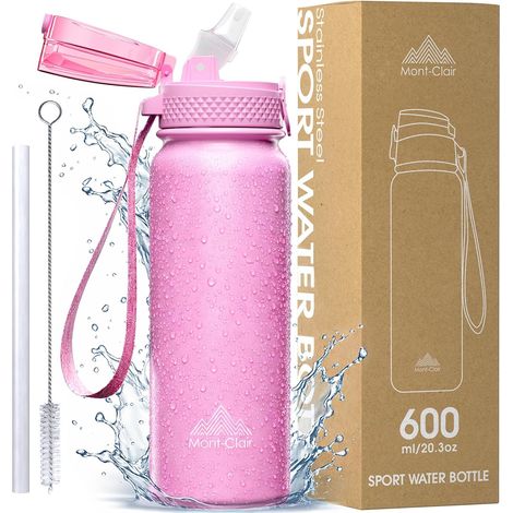 Gourde Isotherme 600ml - Sans BPA - 24h Froid 12h Chaud - Acier Inox Paille Intégrée pour une Hydratation Facile, Couvercle Anti-Fuite, Compagnon Idéal Sport et Course - Rose (1/5)