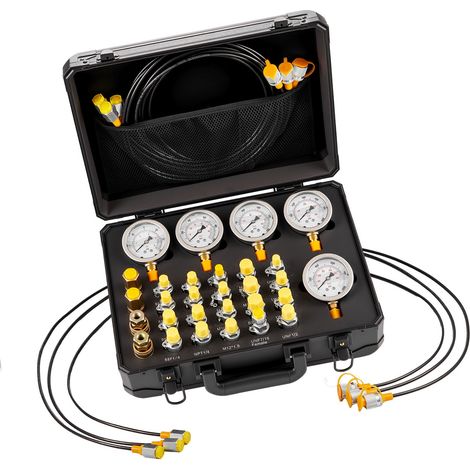 Kit de Test de Pression Hydraulique, 5 Manomètres, 20 Raccords, 4 Coupleurs Rapides, 3 Flexibles, 10-600 Bar (150-9000 PSI), pour Engins de Chantier (1/5)
