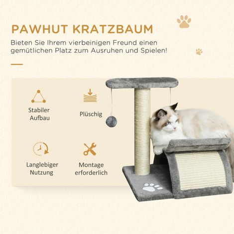 Arbre à chat PawHut 43 cm, petit arbre à chat avec cachette, plateforme de repos en U, griffoir avec planche, balle jouet, meuble pour petits chats, gris clair (1/4)