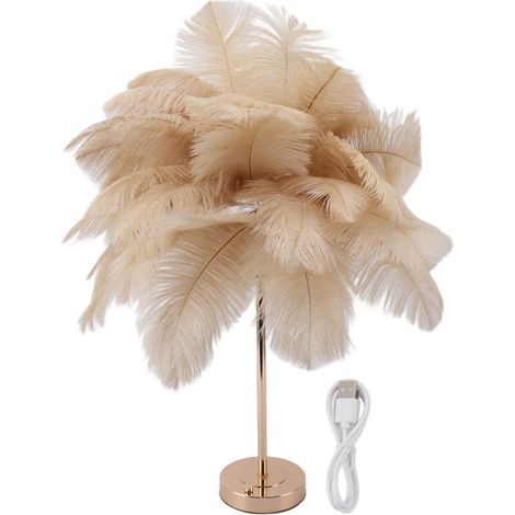 Decorative table lamp with 30 feathers, USB rechargeable light, touch control, built-in battery, camel color (1/4)