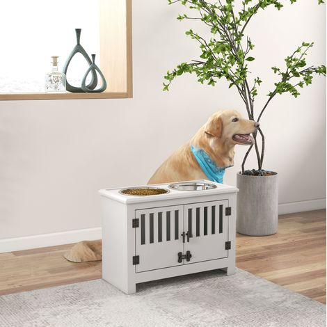 Stazione rialzata per cane con 2 ciotole inox e vano contenitore, bianca OKMYHOME (1/5)