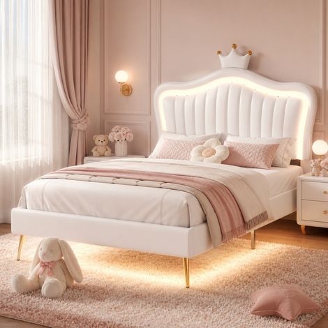 Lit enfant 90x200 cm LED blanc rembourré HAVRYA (1/5)