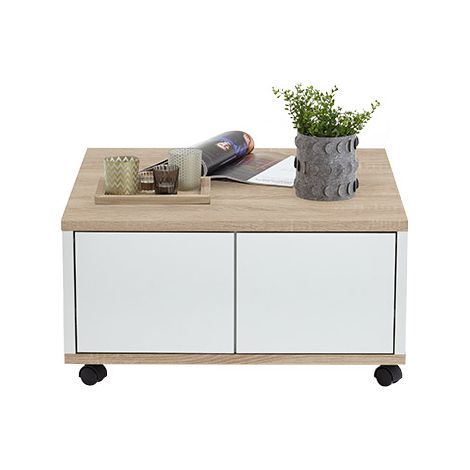Table basse carrée 70 cm – 2 tiroirs en panneaux de particules – Couleur chêne et blanc – Mobilité avec roulettes – FMD (1/9)