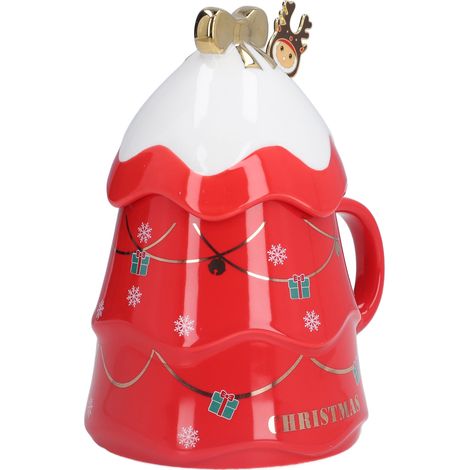 Keramikbecher mit rotem Weihnachtsbaum, Deckel und Löffel – festliches Geschenkset für Kaffee und Zuhause, originelles Weihnachtsgeschenk (1/5)