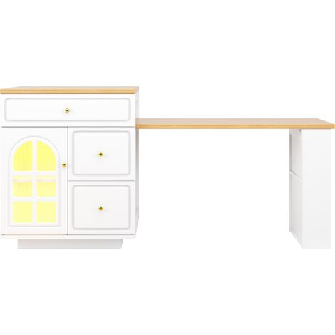 Isola cucina estensibile bianca con cassetti, LED RGB e vetro, 122,5-195,5 cm (1/5)