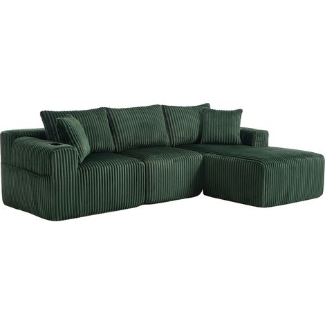 Sofá modular con chaise longue y 2 plazas de pana verde HOMVRA (1/5)