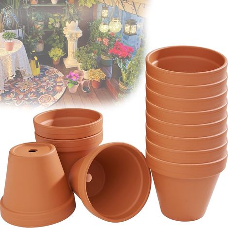 Juego de 12 macetas de terracota de 7 x 6 cm, pequeñas macetas de barro con orificio de drenaje, macetas reutilizables para dormitorio u oficina.