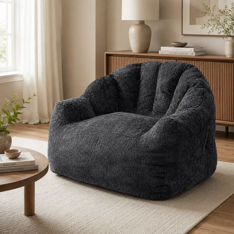 Fauteuil pouf patte d’ours ergonomique 86,3x99x64,7 cm, forme ronde, contours corps entier, polyvalent pour salon, flanelle, Noir (1/5)