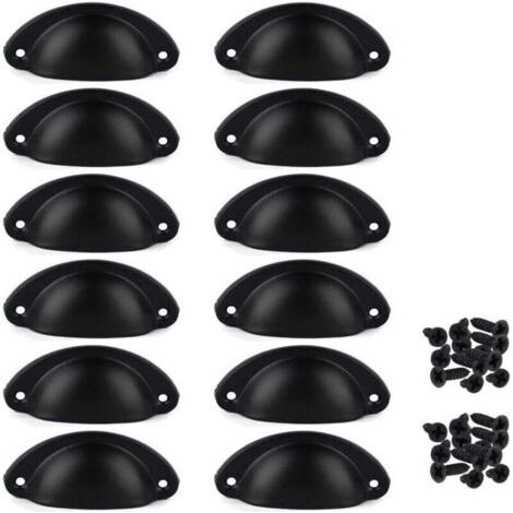 Lot de 12 Poignées de Tiroir Vintage, Poignées de Meubles Traditionnelles en Demi Lune, Poignées de Coquille pour Placard, Armoire, Commode, Noir, Vis incluses