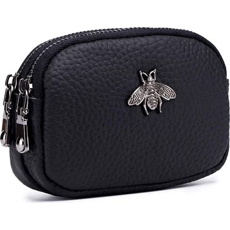 Petit porte-monnaie abeille en cuir véritable à double fermeture éclair pour femme (noir)
