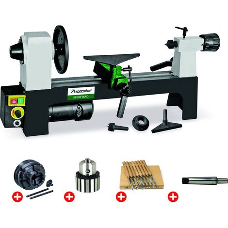Holzstar – Pack tour à bois 200x305 mm – Vitesse variable 750-3200 tr/min – Mandrin 4 mors ø 100 mm – Jeu de 8 burins – Arbre CM1 pour mandrin