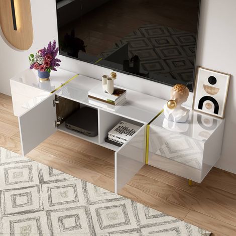 Meuble tv blanc brillant 170 cm avec 4 portes design moderne et épuré (1/5)