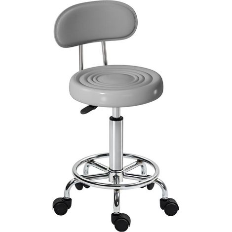 Tabouret à roulettes pivotant et réglable avec dossier, revêtement en similicuir, repose-pieds, pour coiffeuse, gris (1/5)