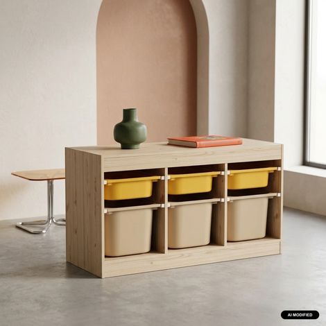 Meuble de rangement pour enfant décor bois 6 bacs moutarde et beige - Sora (1/4)