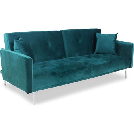 Cotecosy – Canapé convertible 3 places clic-clac velours vert – Dossier rabattable – Dimensions L191 x P102 x H37 cm – Élégant et confortable (1/5)